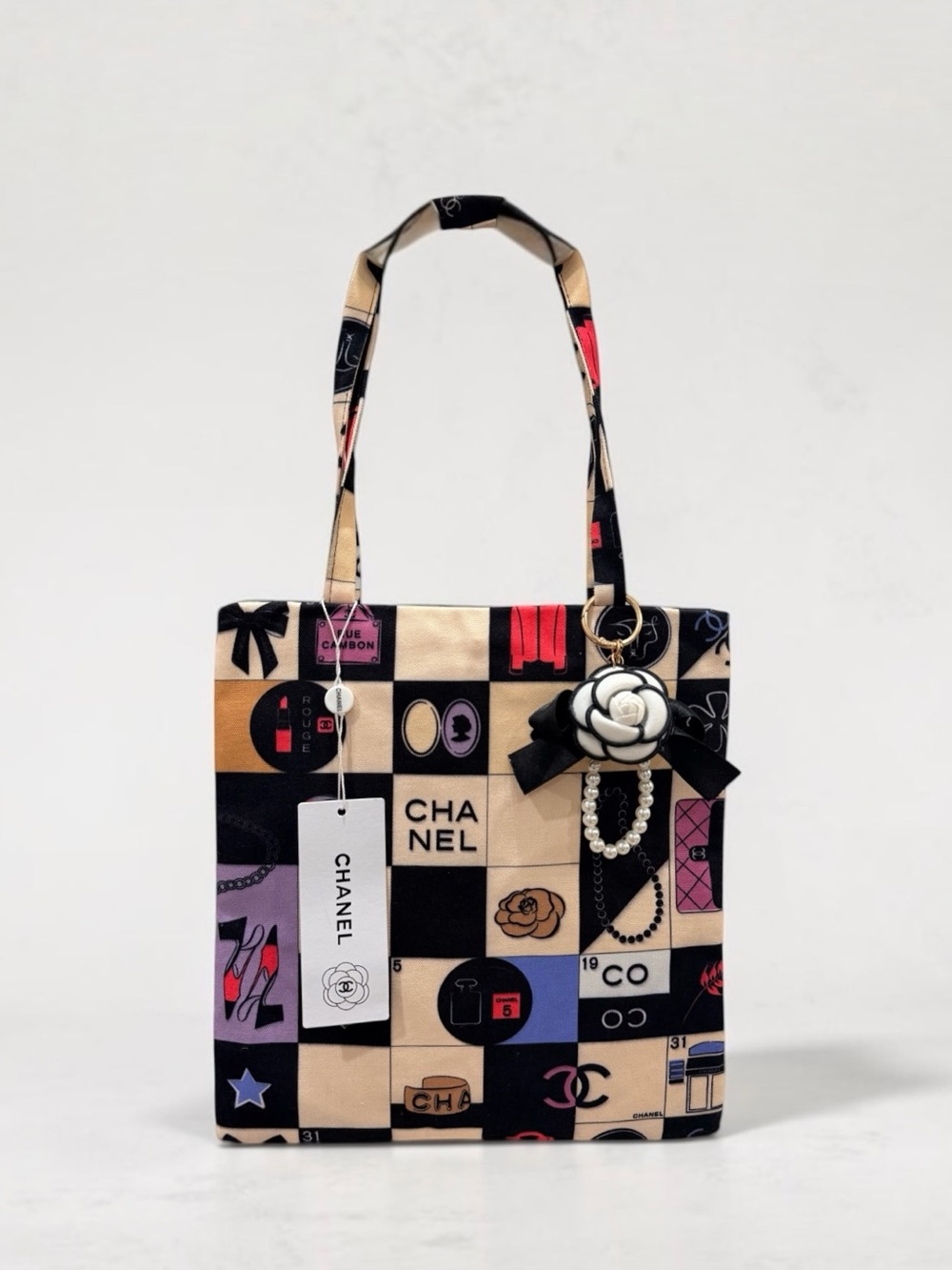 Fashion Canvas Tote w/ Camellia Charm & Cosmetic Pouch Gift | New